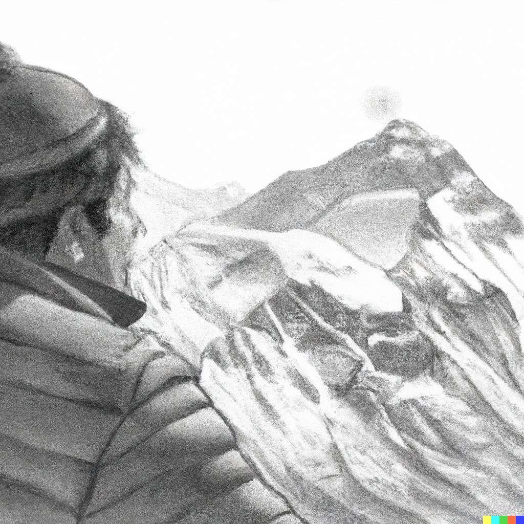 someone gazing at Mount Everest, detailed pencil sketch